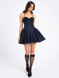 MELODY NAVY PRINT PINSTRIPE WAIST MINI DRESS