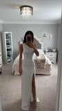 PAGET WHITE MESH RHINESTONE EMBELLISHED HIGH SLIT GOWN