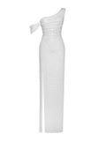 PAGET WHITE MESH RHINESTONE EMBELLISHED HIGH SLIT GOWN