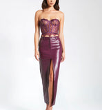 NYSSA PURPLE FRONT SLIT LEATHER SKIRT