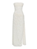 XATIA OFF WHITE JACQUARD TEXTURED HIGH SLIT MAXI DRESS