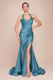 STRETCH SATIN HALTER FITTED DRESS