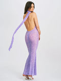 PURPLE VELVET ANIMAL PRINT MESH HALTER NECK MAXI DRESS