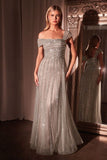 ASYMMETRICAL OFF SHOULDER A LINE BEADED GOWN