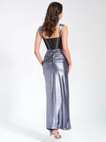 ODESSA SILVER METALLIC CORSET MAXI DRESS