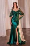 STRETCH SATIN FITTED GOWN WITH REMOVABLE LACE CAPLET