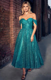 OFF SHOULDER GLITTER TEA LENGTH GOWN