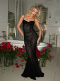 ULANI BLACK BURNOUT VELVET MESH DETAIL MAXI DRESS