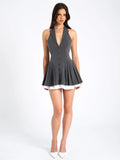 HAZEL GREY PREPPY HALTER NECK PLEATED MINI DRESS