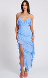 THEODORA BLUE RAYON RUFFLE MAXI DRESS