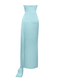 MARILYN PALE BLUE SATIN CORSET EMBELLISHED HIGH SLIT GOWN