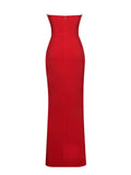 XOANA RED CRYSTAL EMBELLISHED HIGH SLIT GOWN