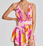 RETROFETE VALO HALTER SILK BOTANICAL FLORAL MINI DRESS