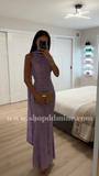 PURPLE VELVET ANIMAL PRINT MESH HALTER NECK MAXI DRESS