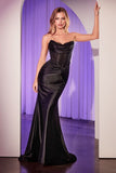 SATIN STRAPLESS GOWN WITH LACE DETAILING