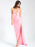 MARILYN PINK SATIN CORSET EMBELLISHED HIGH SLIT GOWN