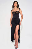 BLACK LACE SATIN MAXI CORSET DRESS