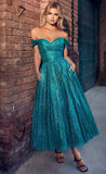 OFF SHOULDER GLITTER TEA LENGTH GOWN