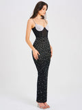 JIMEA CRYSTAL EMBELLISHED BACK SLIT MAXI DRESS