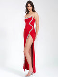 XOANA RED CRYSTAL EMBELLISHED HIGH SLIT GOWN