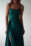 FITTED STRETCH SATIN GOWN WITH SASH