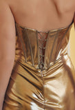 STRAPLESS TWISTED PLEAT METALLIC MINI DRESS