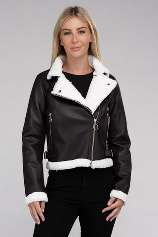 PLUSH TEDDY PU LEATHER JACKET