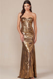 SLEEVELESS STRAPLESS TWISTED PLEATED METALLIC GOWN