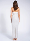 LAINEY WHITE SATIN SEQUIN PEARL BEADED MAXI DRESS