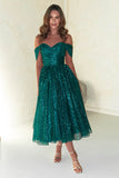 OFF SHOULDER GLITTER TEA LENGTH GOWN