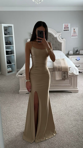 DARK BEIGE SATIN LACE BACK GOWN