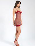 REMI BURGUNDY MESH RHINESTONE LACE MINI DRESS