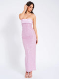 LAINEY PURPLE SATIN SEQUIN PEARL BEADED MAXI DRESS