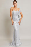 STRAPLESS RUFFLE SIDE SEQUIN GOWN