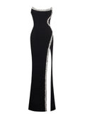 XOANA BLACK CRYSTAL EMBELLISHED HIGH SLIT GOWN