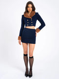 Wava Navy Blue Double Breast Fur Trim Cropped Boucle Wool Jacket