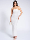 LAINEY WHITE SATIN SEQUIN PEARL BEADED MAXI DRESS