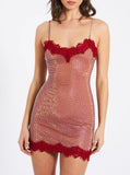 REMI BURGUNDY MESH RHINESTONE LACE MINI DRESS