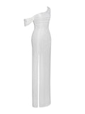 PAGET WHITE MESH RHINESTONE EMBELLISHED HIGH SLIT GOWN