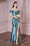 DUSTY BLUE RUFFLE SLEEVE SATIN GOWN