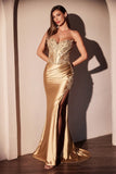 FITTED STRAPLESS LACE & SATIN GOWN