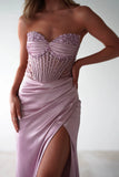 DUSTY ROSE DAISY EMBELLISHED SATIN CORSET GOWN