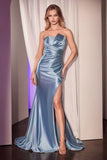 PLEATED STRAPLESS FITTED SATIN GOWN