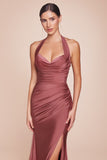 STRETCH SATIN HALTER FITTED DRESS