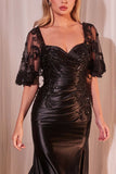 STRETCH SATIN FITTED GOWN WITH REMOVABLE LACE CAPLET