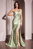 PLEATED STRAPLESS FITTED SATIN GOWN