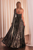 ONE SHOULDER METALLIC PLEATED A LINE DRESS