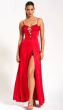 RUBY RED LACE UP HIGH SLIT SATIN DRESS