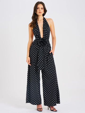 Oriana Black Polka Dots Halter Jumpsuit