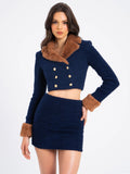 Wava Navy Blue Double Breast Fur Trim Cropped Boucle Wool Jacket